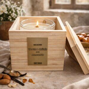 NWT DW Home Luxury Vanilla Brulee & Almond Candle With Engraved Wood Box